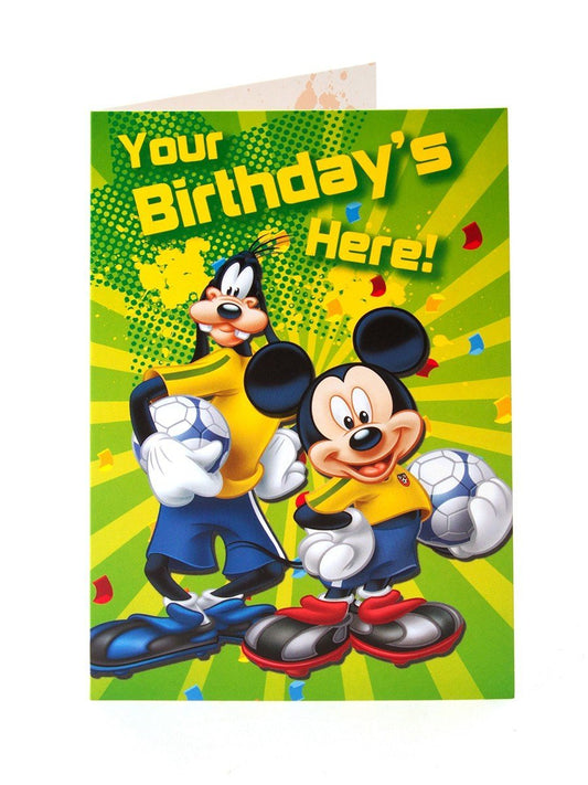 Mickey mouse goofy football your birthday's here! birthday card 