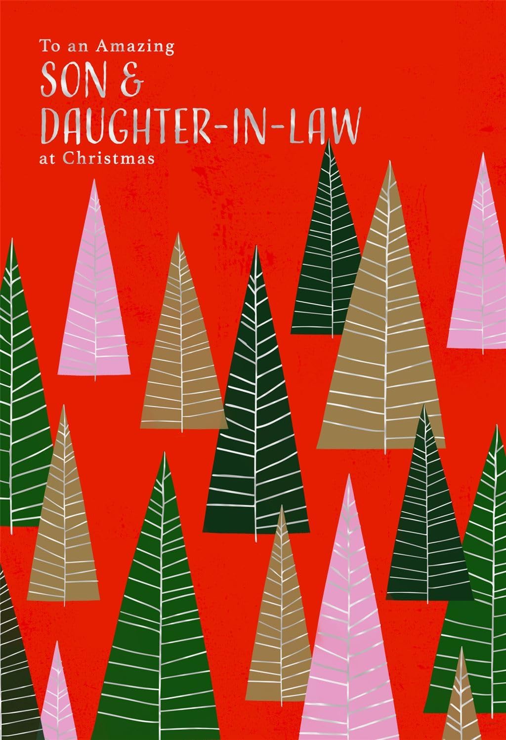 Red Background with Festive Trees Son and Daughter In Law Christmas Card