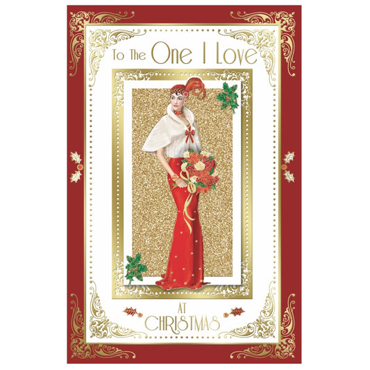To The One I Love Elegant Woman Holding Flowers Design Christmas Card