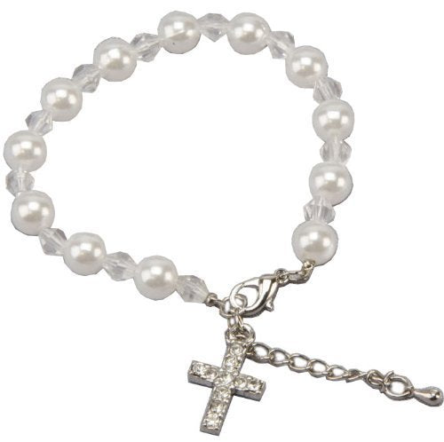 Child's Holy Communion White Pearly Bracelet with Cross Charm - CB554