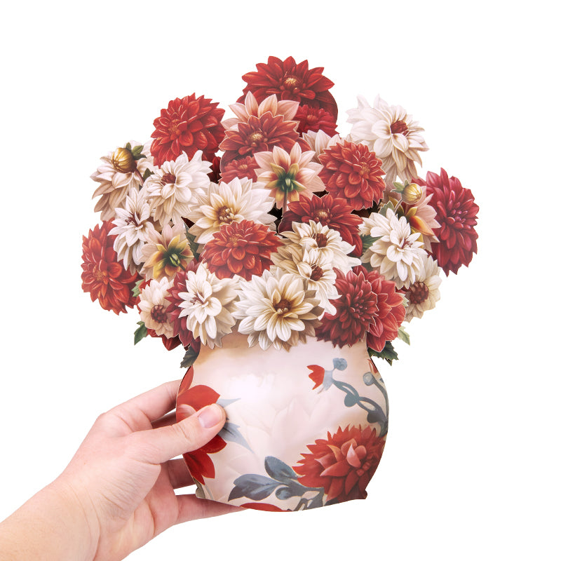 Crimson & Cream Dahlia Elegance 3D Pop Up Vase Greeting Card - Birthday Anniversary Mother's Valentine's Day