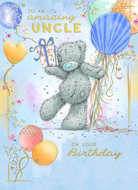 Bear Holding Balloons And Gift Uncle Birthday Card