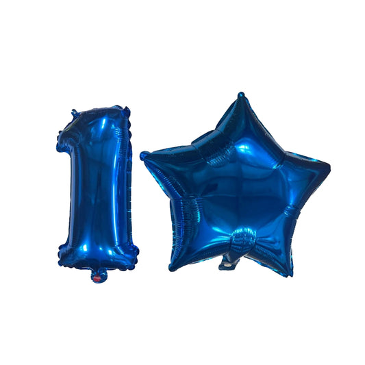 Blue Number 1 and Blue Star Foil Balloons with Ribbon and Straw for Inflating
