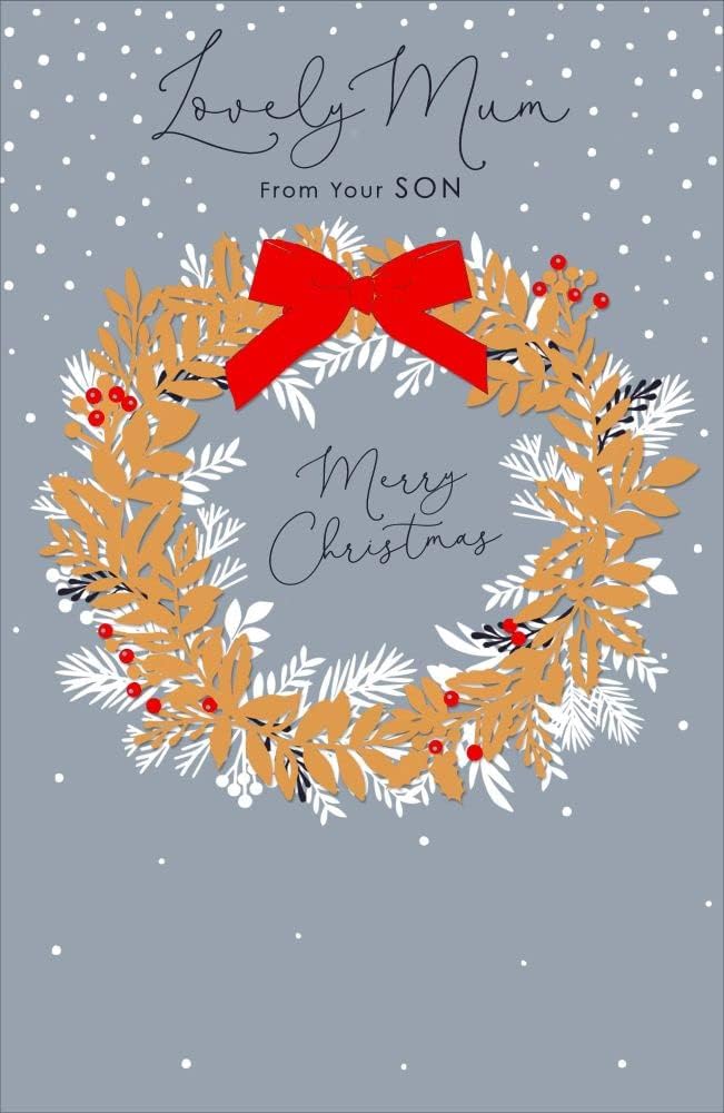 Mum From Son Christmas Card Gold Wreath Design