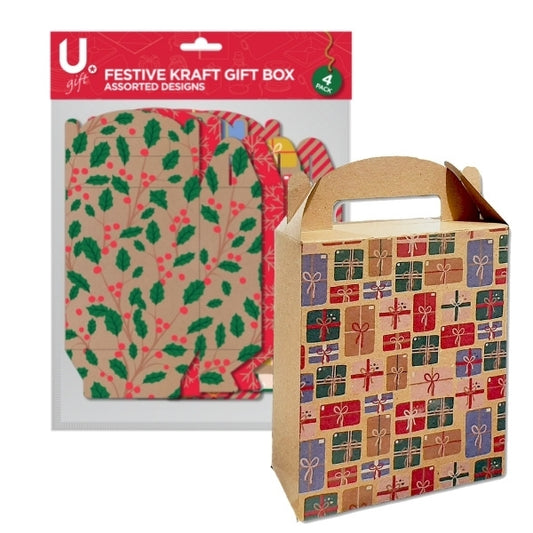 Pack of 4 Festive Kraft Designs Christmas Gift Boxes