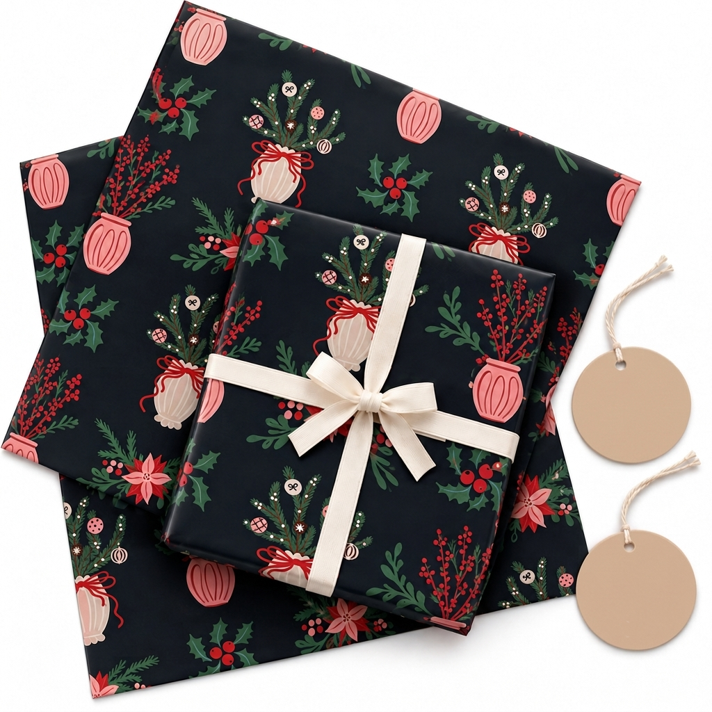 Pack of 2 Winter Bouquet Design 50 x 70 cm Gift Wrap Sheets with 2 Tags - Christmas Seasonal Celebrations Winter Parties
