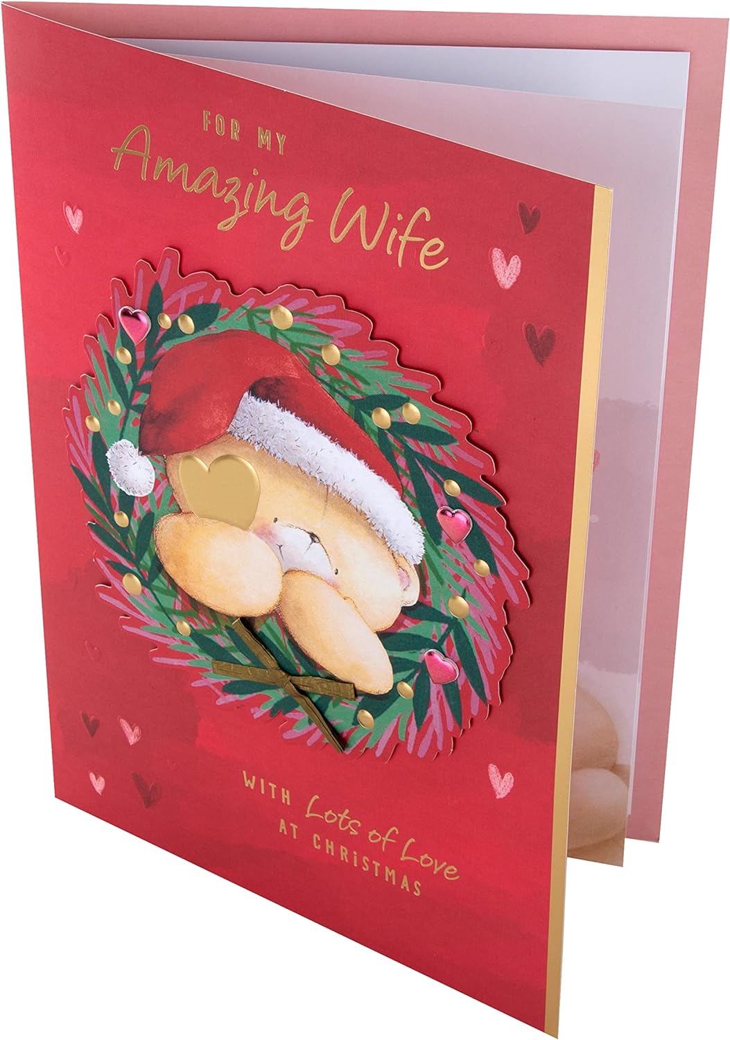 Cute Forever Friends Bear in Wreath Design Boxed Christmas Card for Wife