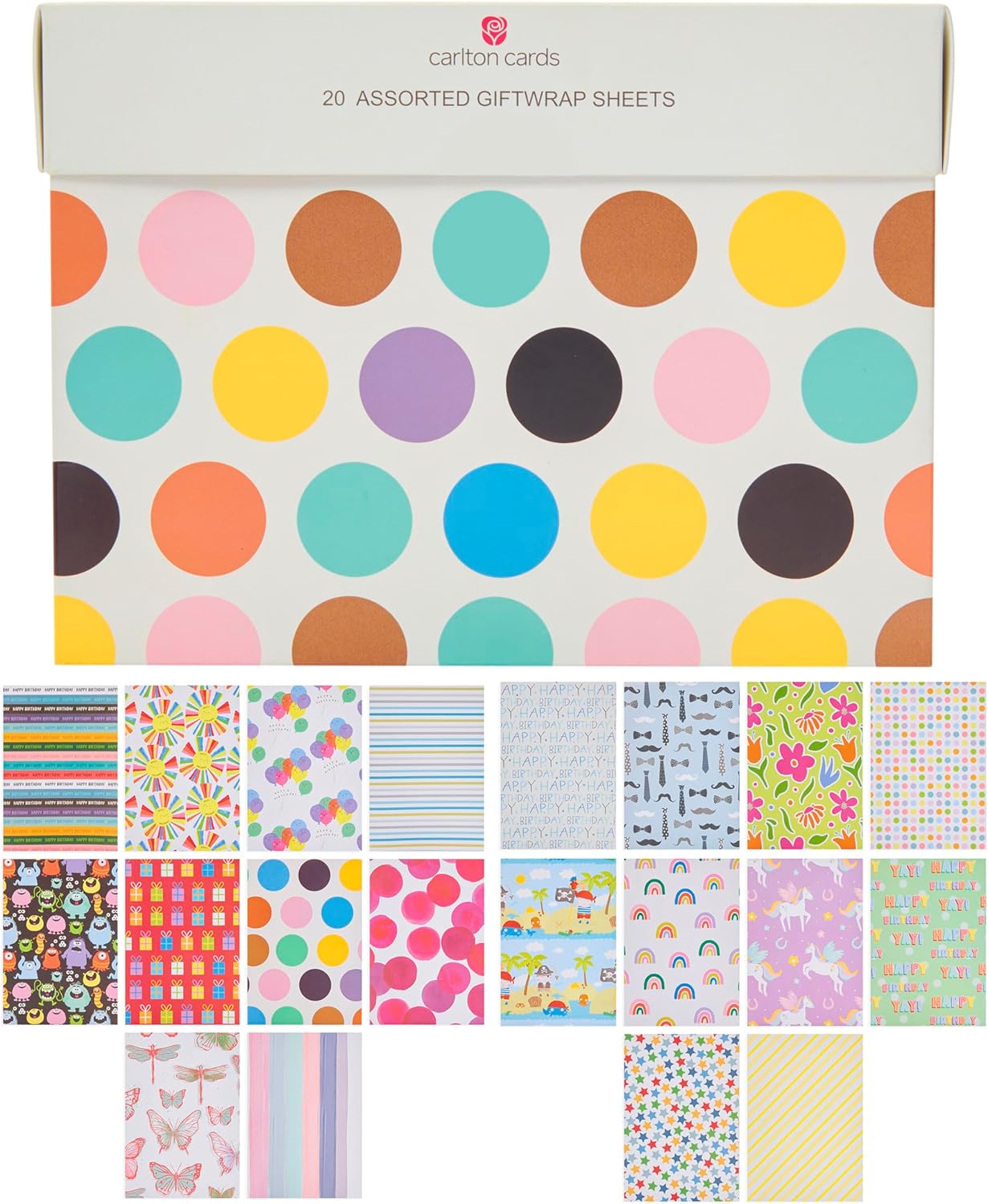 Multipack of 20 Assorted Gift Wrap Sheets for Birthdays & Other Events Includes Keepsake Box