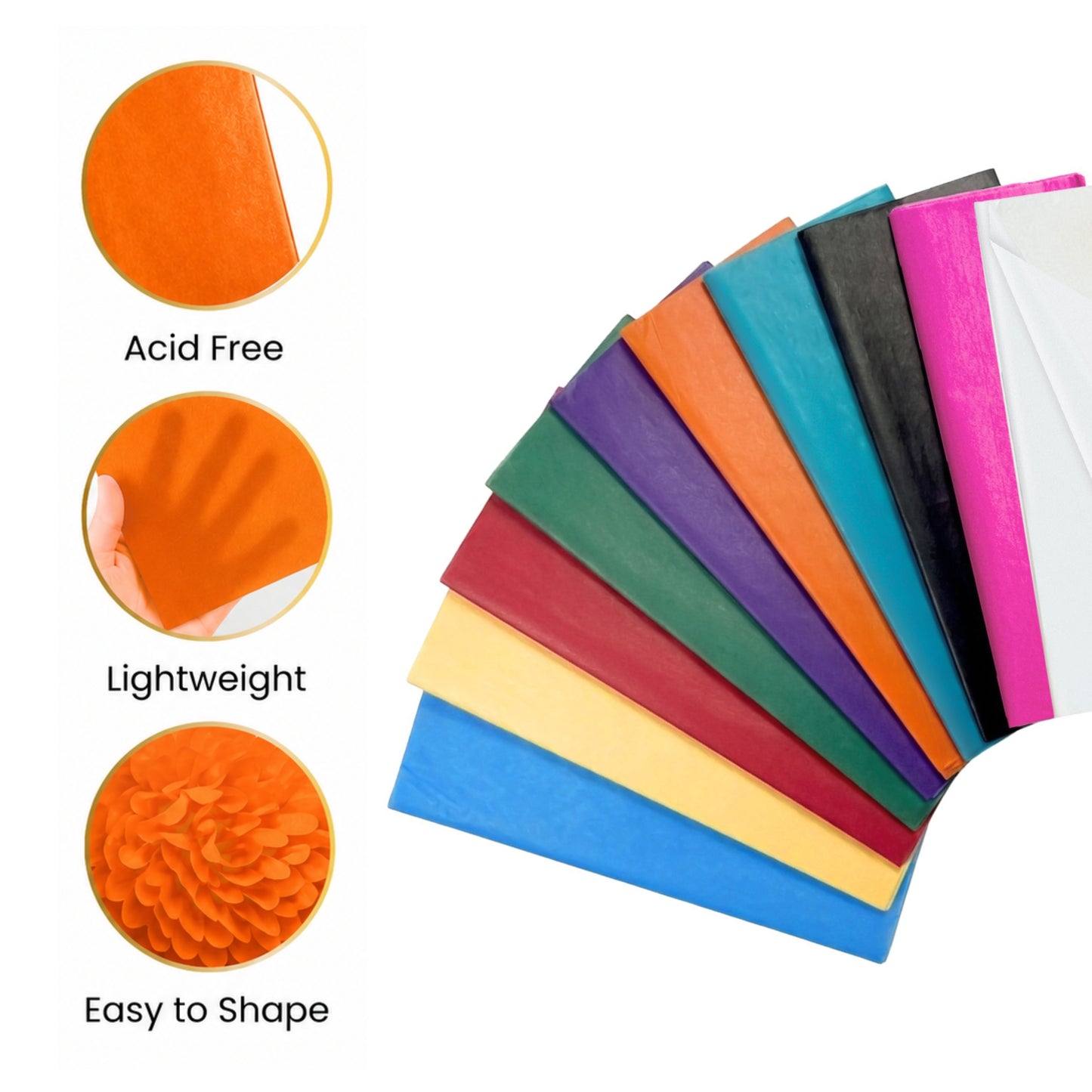 Pack of 200 Assorted Coloured Acid Free 50 x 70cm Tissue Paper Sheets