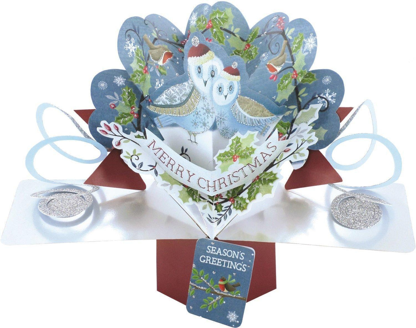 Owls In Wreath Open Christmas Pop Up Card 