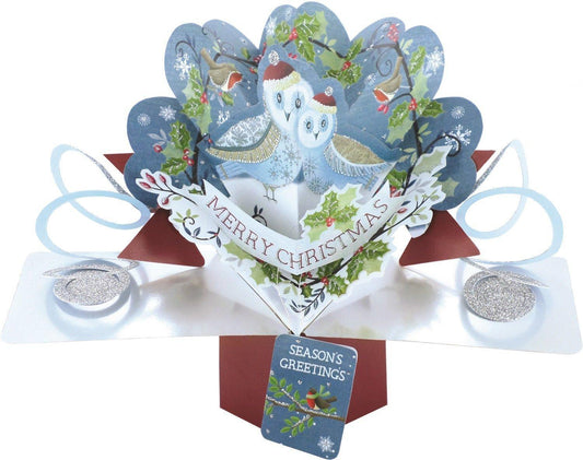 Owls In Wreath Open Christmas Pop Up Card 