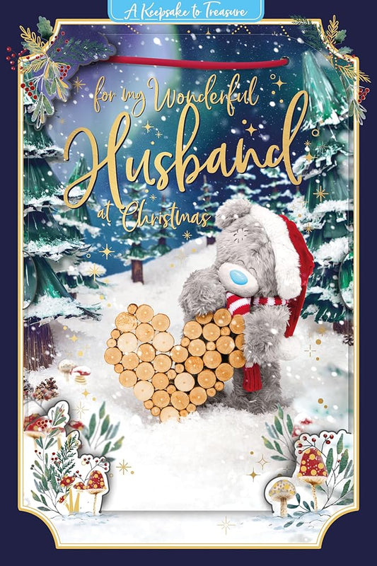 Bear And Wooden Heart Wonderful Husband 3D Christmas Keepsake Card