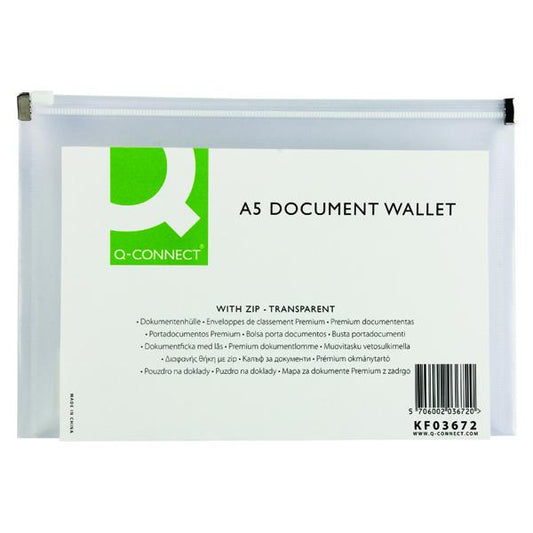 Q-Connect Document Zip Wallet A5 Transparent (Pack of 10) KF03672