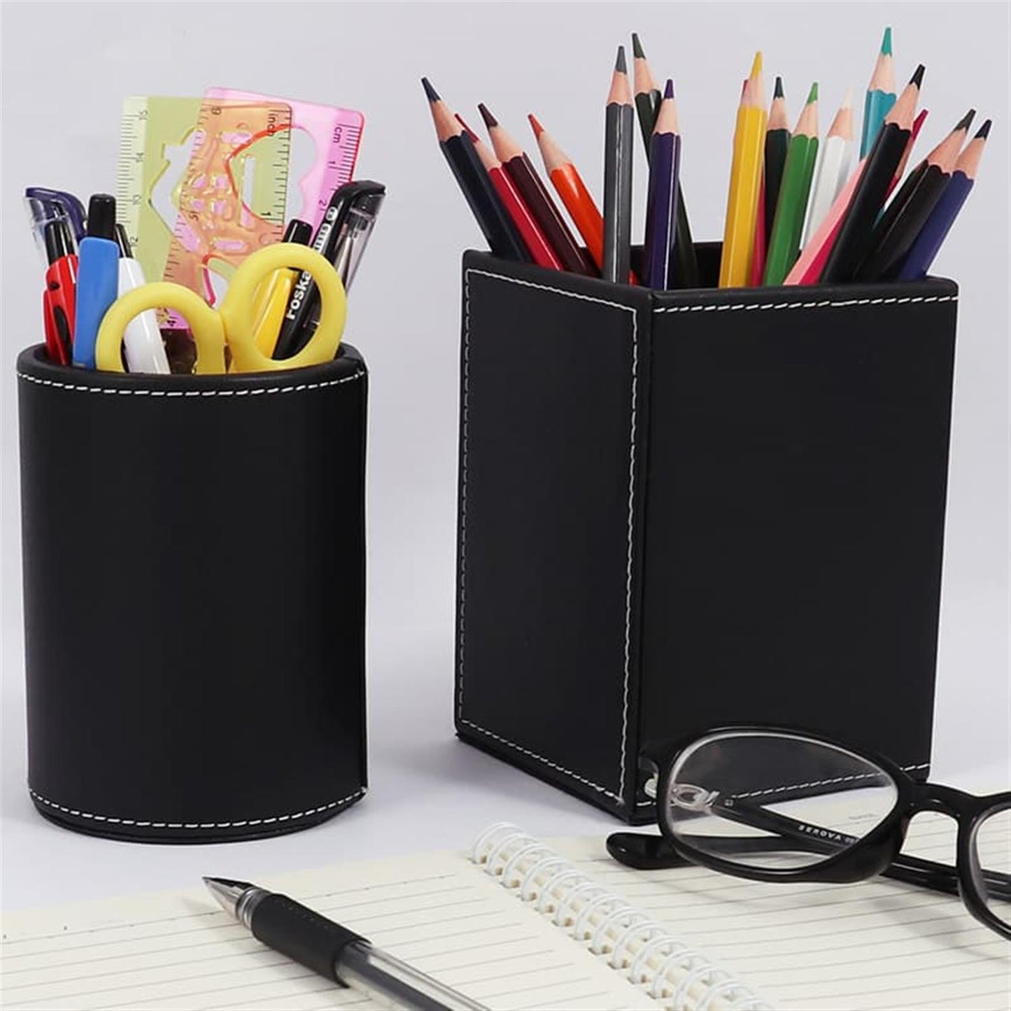 Black PU Leather Pencil Cup for Desktop Stationery Organizer 8 x 11cm