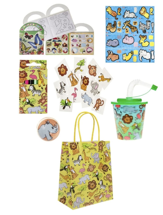 Pack of 10 Pre Filled Wild Animal Theme Kids Party Favour Bags – Gift Bags with Reusable Cup & Themed Toys