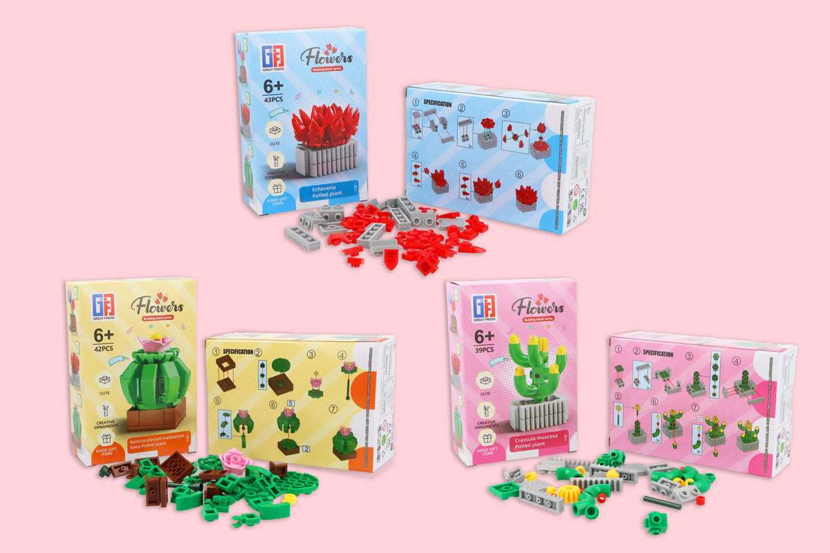 Pack of 3 Potted Plant Lego Block Kit - Construction Toys Party Favours Stocking Fillers 
