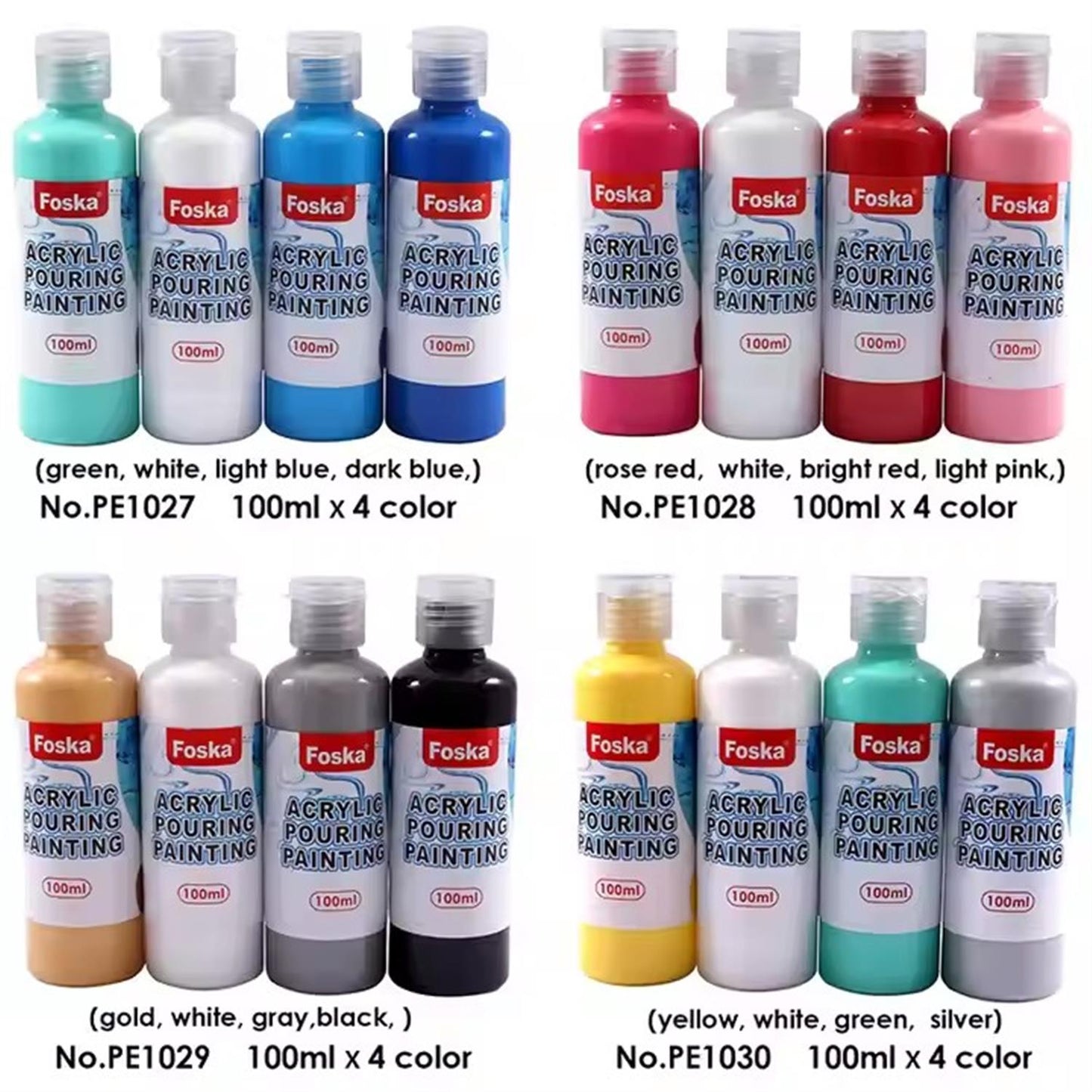 Pack of 4 Acrylic Pouring Paints 100ml- White, Green, Light Blue, Dark Blue