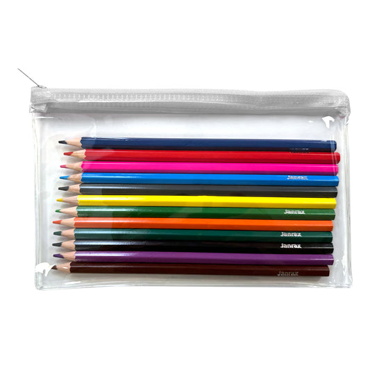 Pack of 12 Colouring Pencils in White Zip Clear Pencil Case