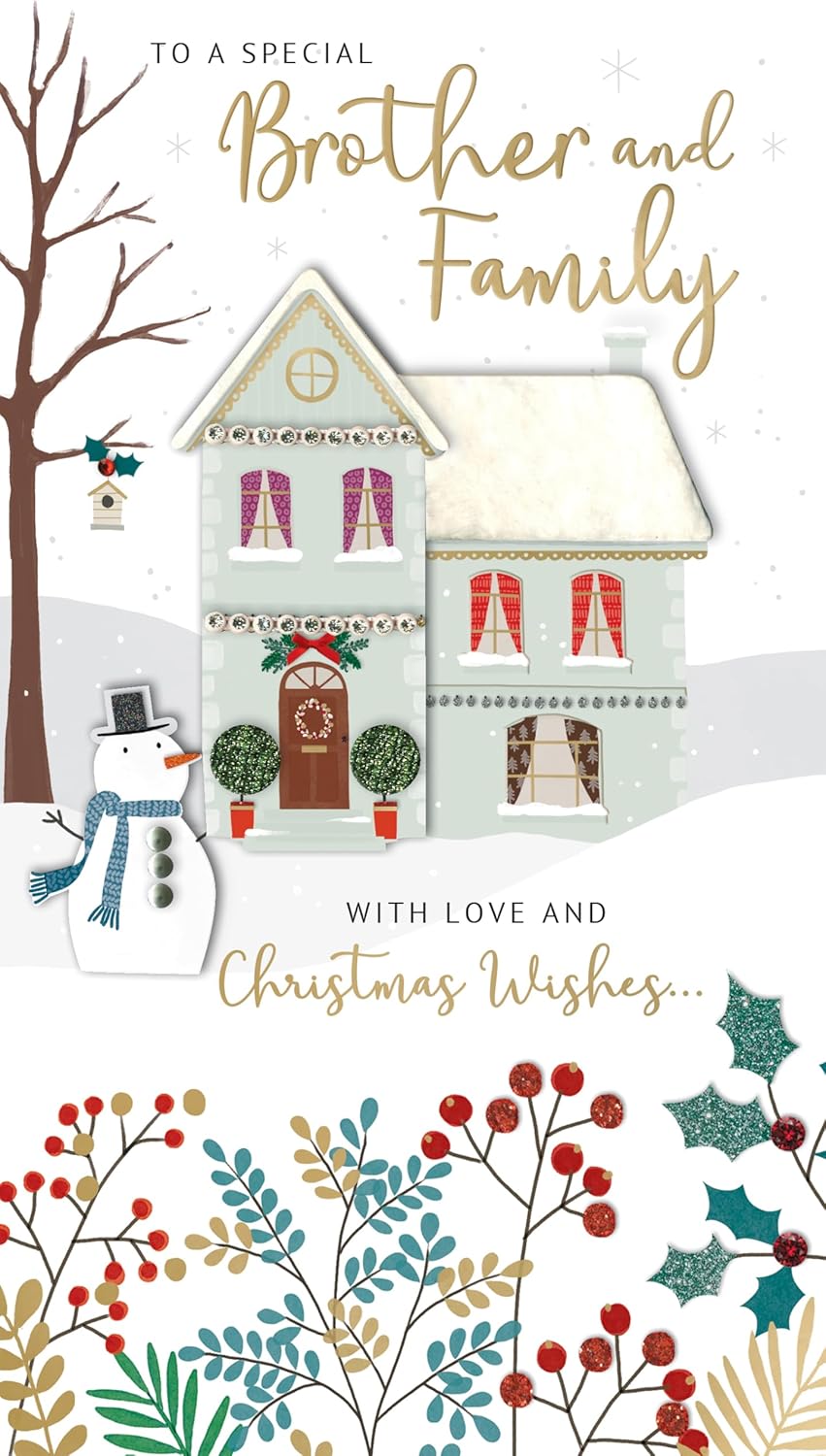 Snowman Embellished Hand-Finished Brother & Family Christmas New Year Card