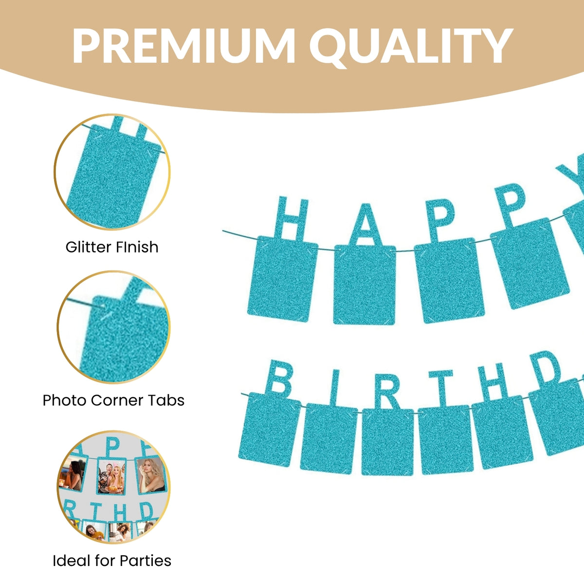 Glitter Blue Photo Insert HAPPY BIRTHDAY Banner with Ribbon