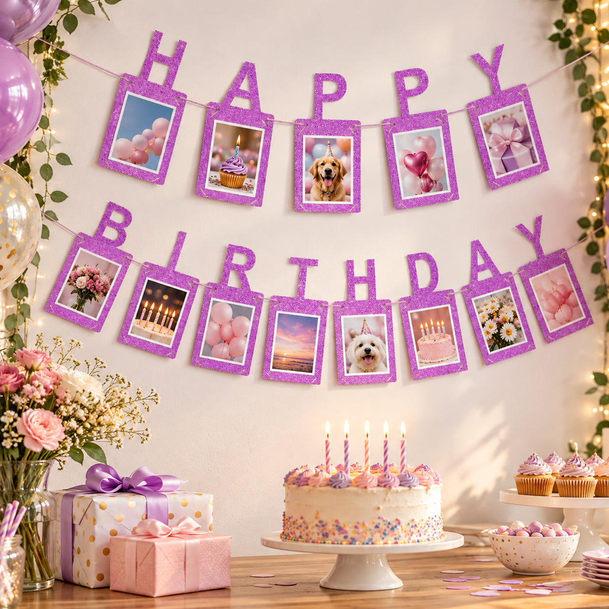 12 x Kraft Photo Insert HAPPY BIRTHDAY Banner with Ribbon