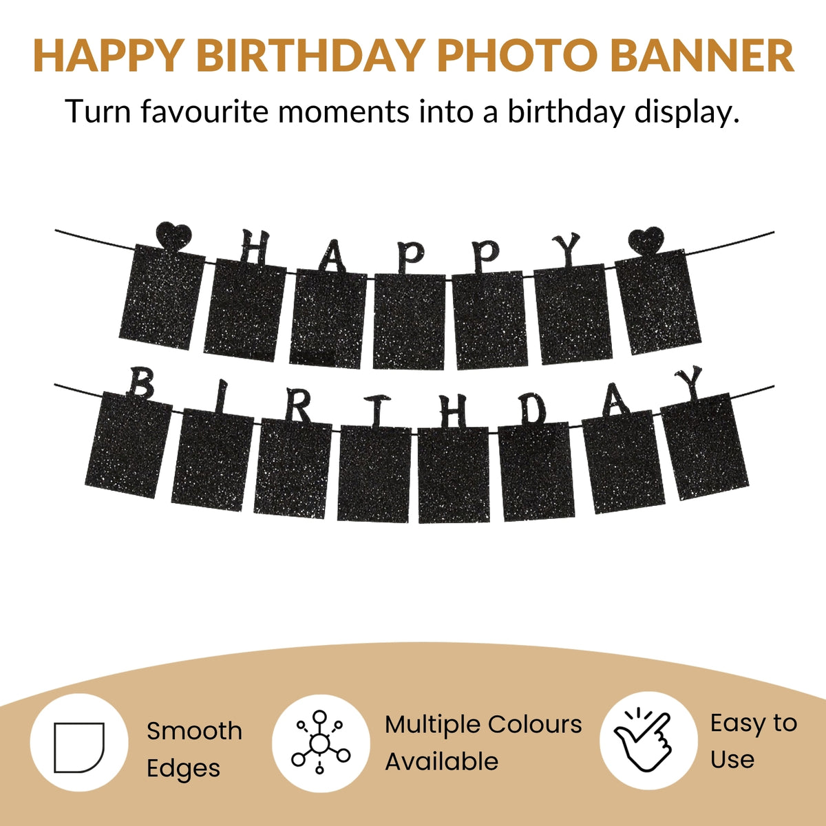 Glitter Black Photo Insert HAPPY BIRTHDAY with Hearts Banner with Ribbon