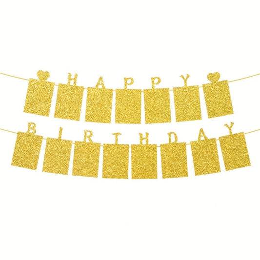 6 x Glitter Gold Photo Insert HAPPY BIRTHDAY with Hearts Banner with Ribbon
