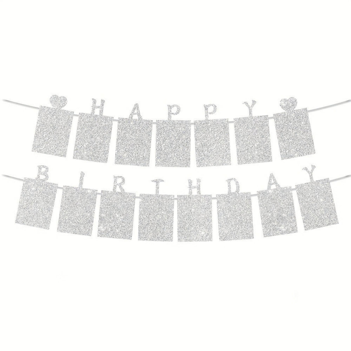 6 x Glitter Silver Photo Insert HAPPY BIRTHDAY with Hearts Banner with Ribbon