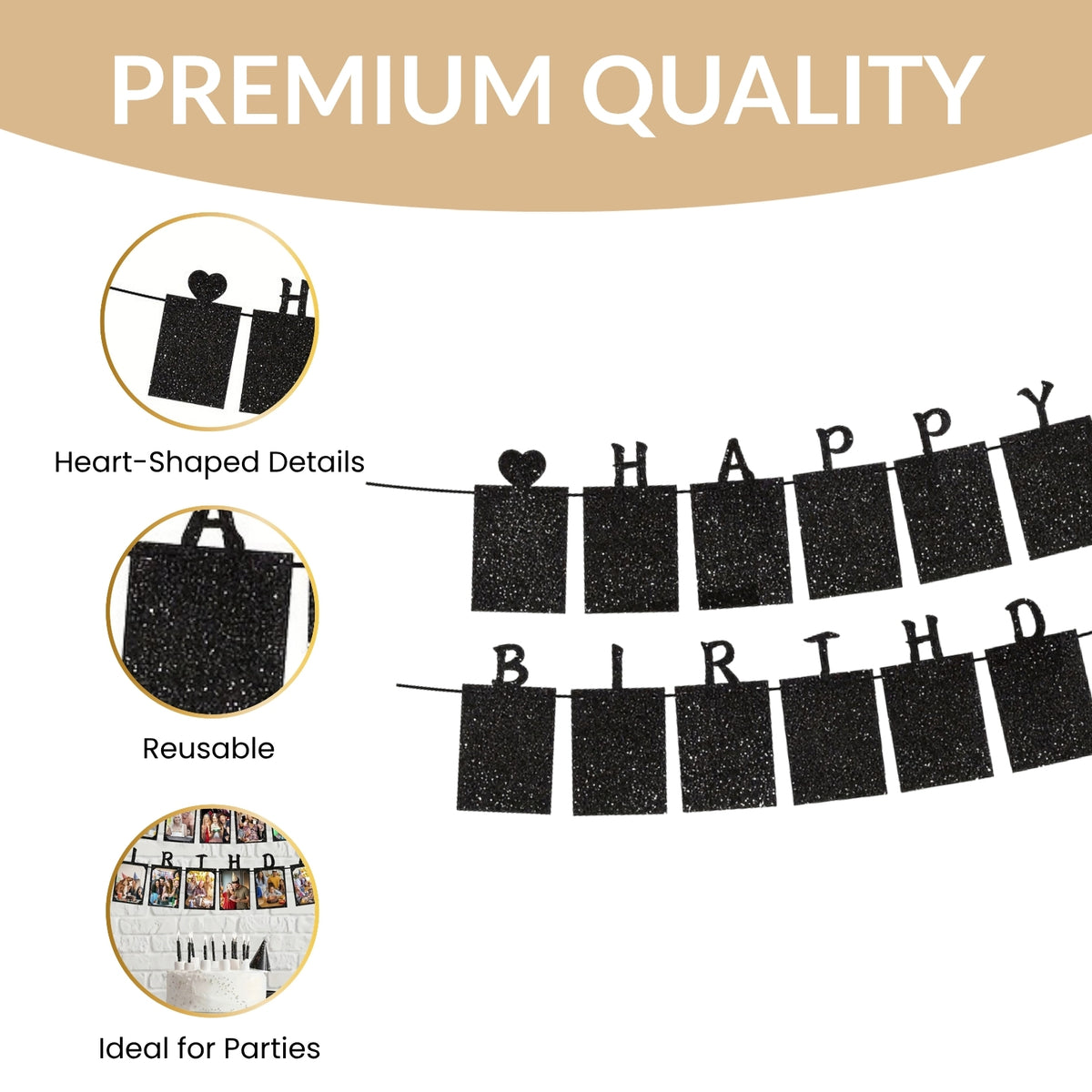 12 x Glitter Black Photo Insert HAPPY BIRTHDAY with Hearts Banner with Ribbon