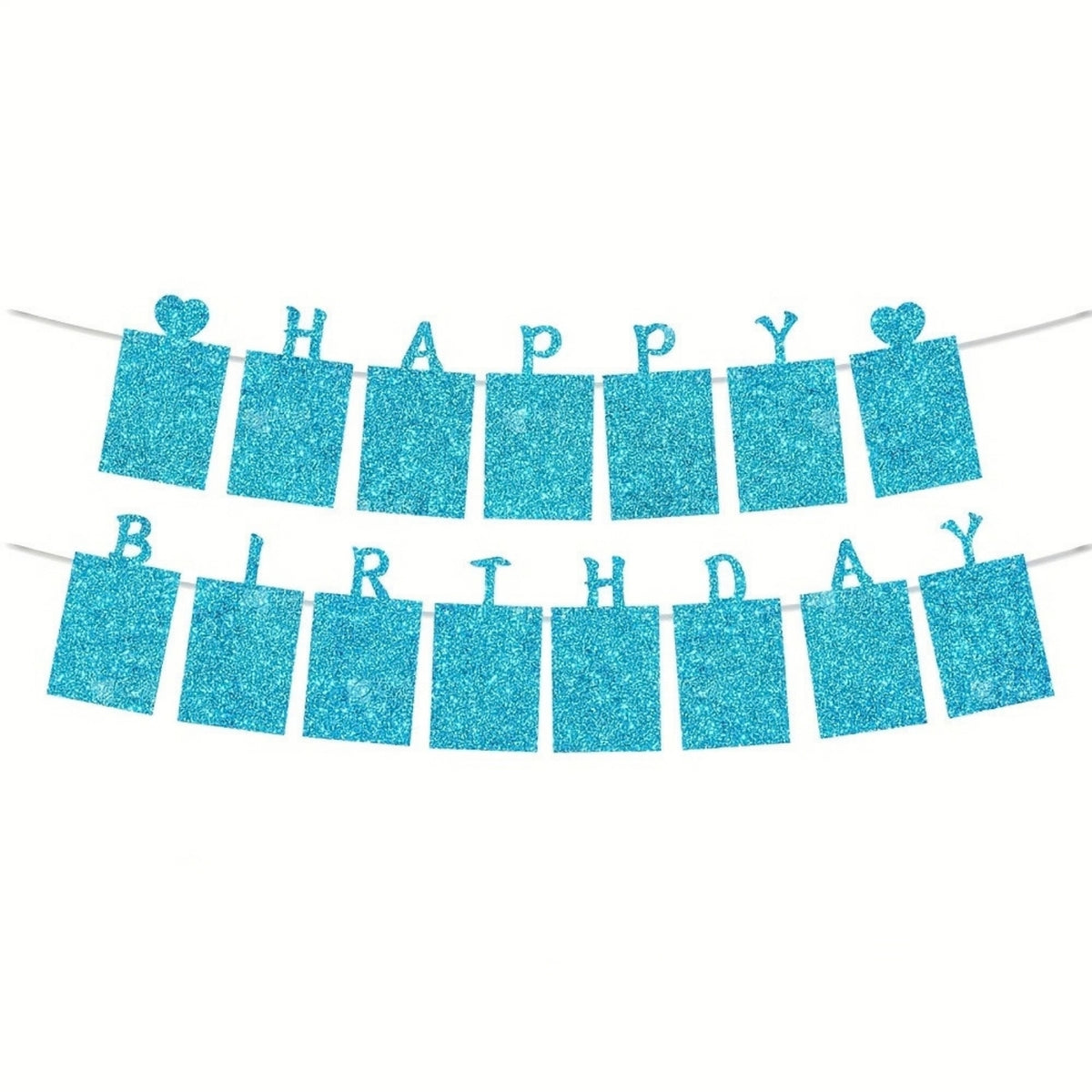 12 x Glitter Blue Photo Insert HAPPY BIRTHDAY with Hearts Banner with Ribbon