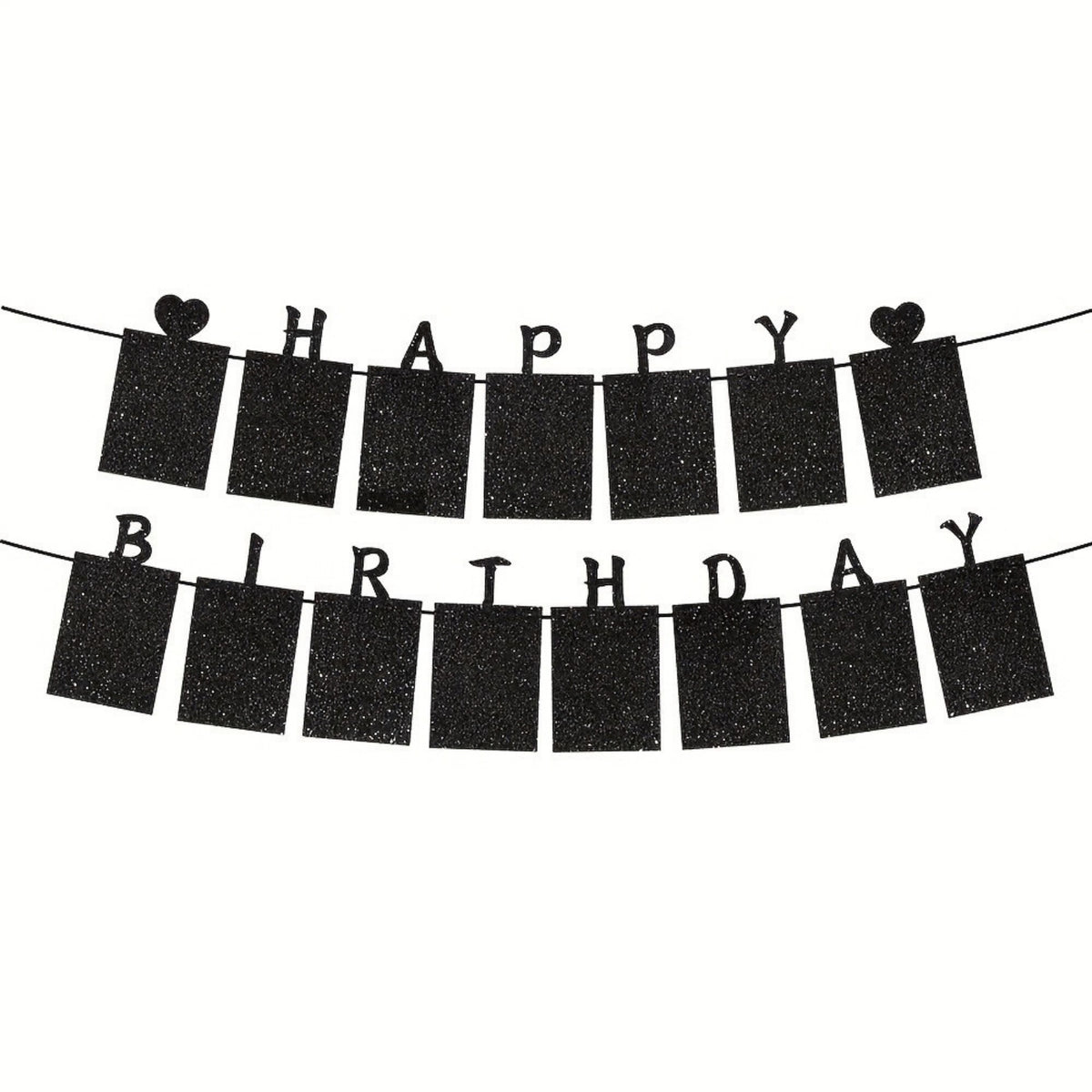 12 x Glitter Black Photo Insert HAPPY BIRTHDAY with Hearts Banner with Ribbon