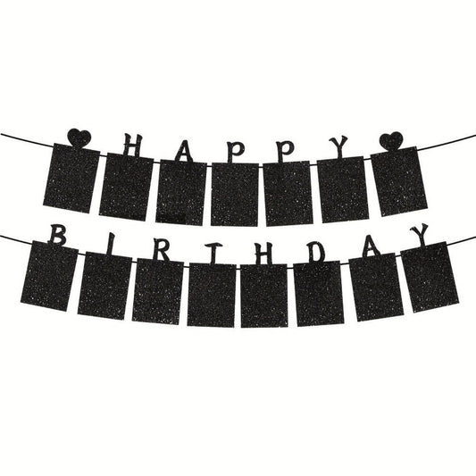 12 x Glitter Black Photo Insert HAPPY BIRTHDAY with Hearts Banner with Ribbon