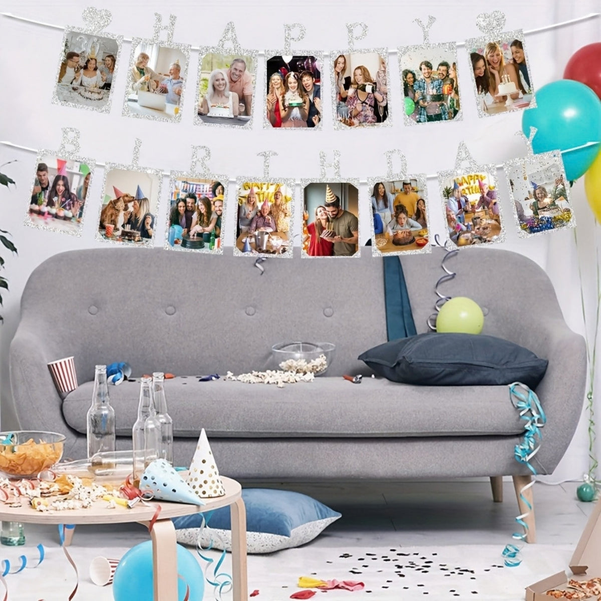 12 x Glitter Silver Photo Insert HAPPY BIRTHDAY with Hearts Banner with Ribbon
