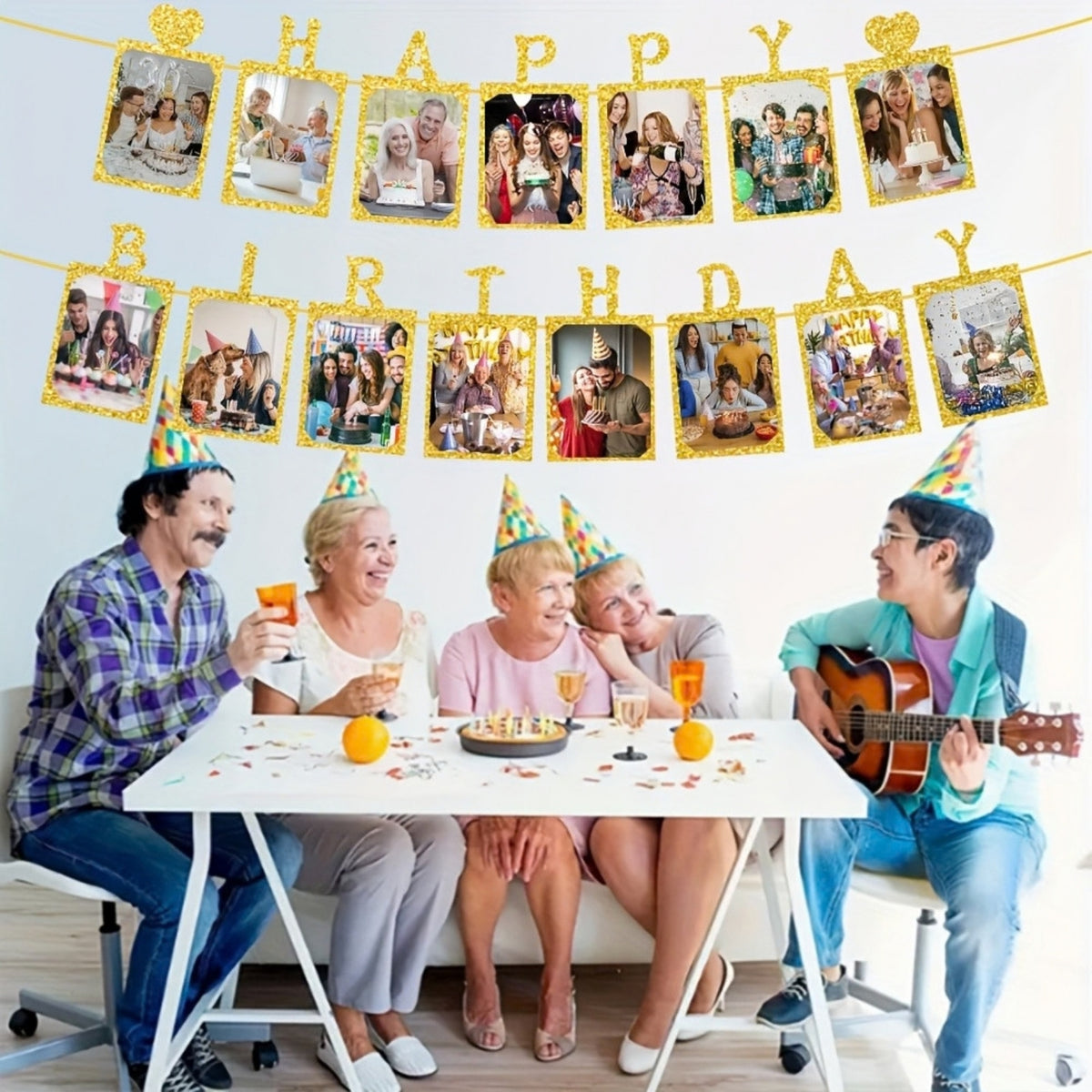 Glitter Gold Photo Insert HAPPY BIRTHDAY with Hearts Banner with Ribbon