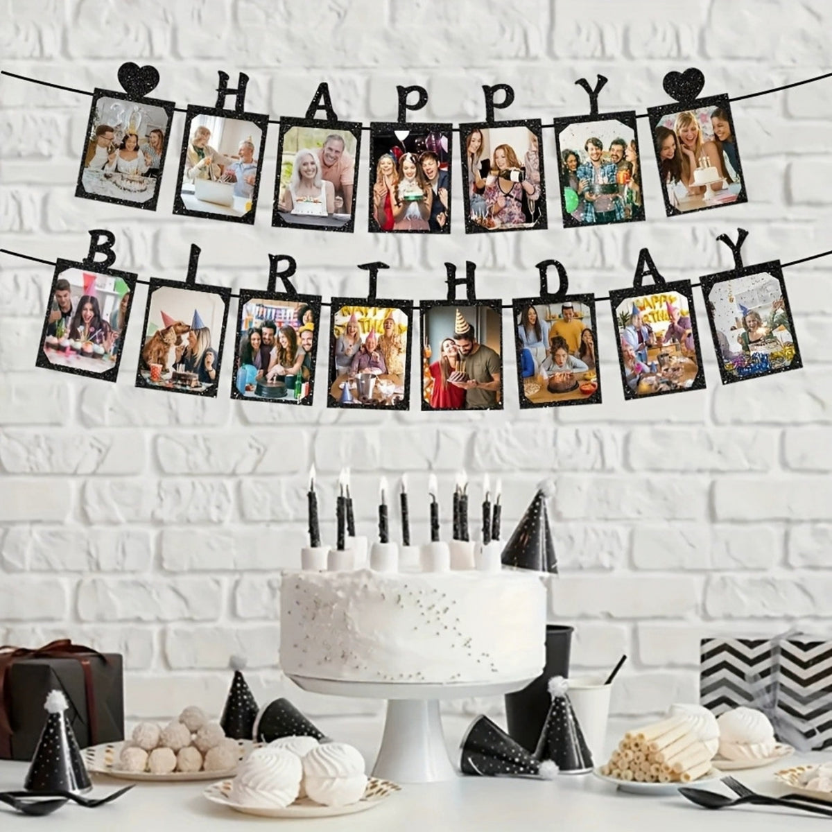 12 x Glitter Silver Photo Insert HAPPY BIRTHDAY with Hearts Banner with Ribbon