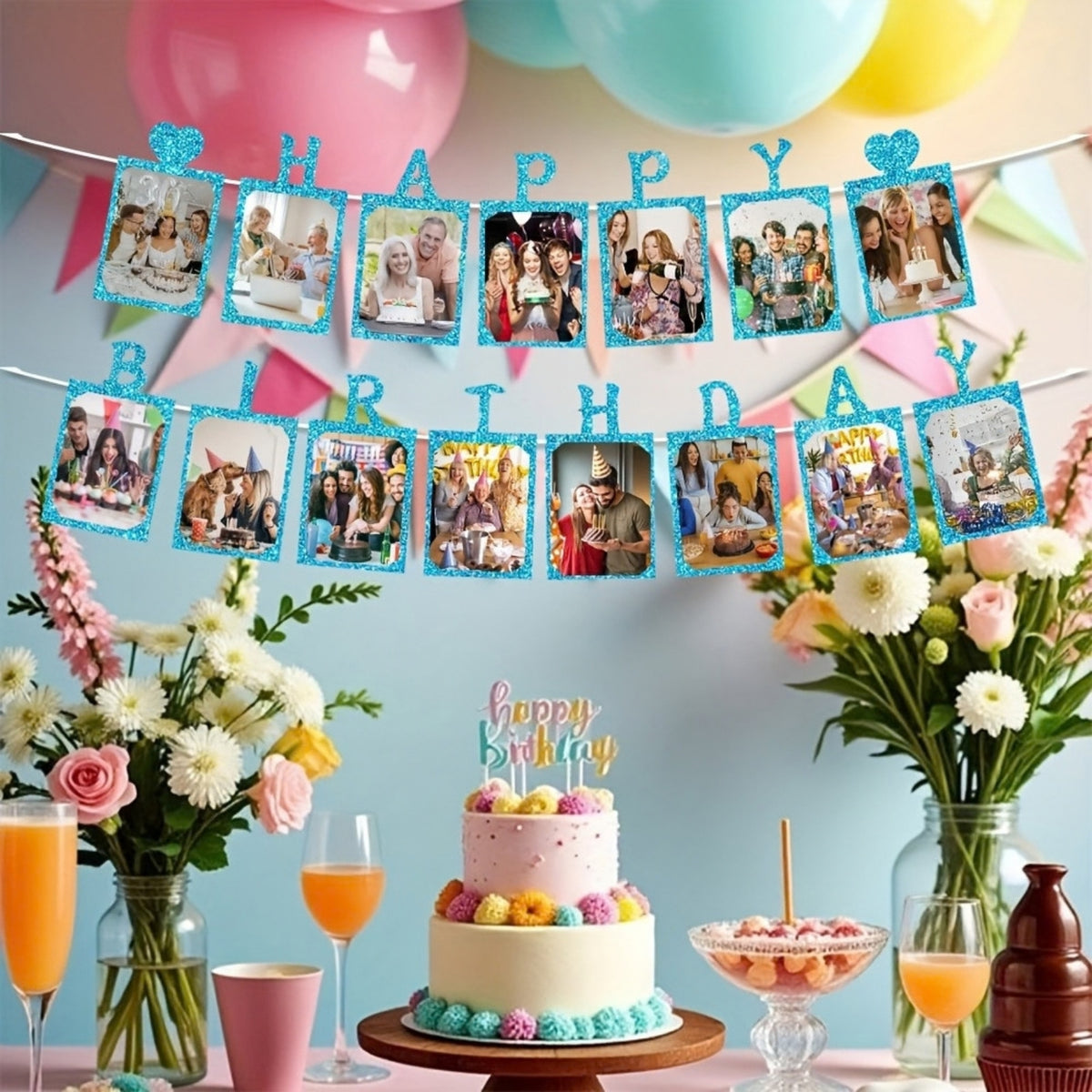 6 x Glitter Black Photo Insert HAPPY BIRTHDAY with Hearts Banner with Ribbon