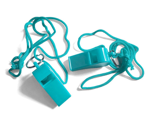 Pack of 15 Light Blue Plastic Whistles with Lanyard Neck Cord