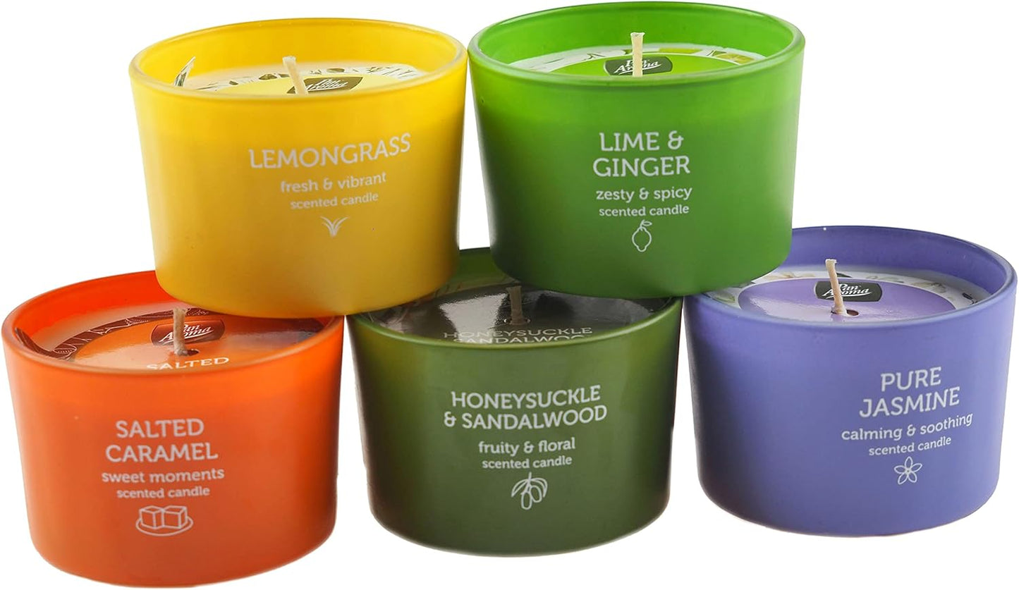 Pack of 5 Pan Aroma Glass Jar Scented Candles - Lemongrass, Lime Ginger, Jasmine, Sandalwood, Salted Caramel