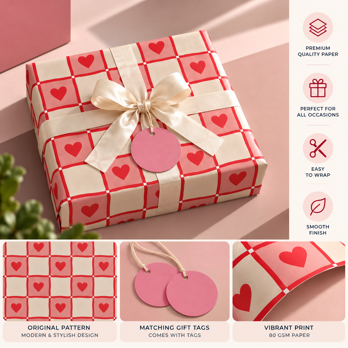 Pack of 2 Heart Squares Design 50 x 70 cm Gift Wrap Sheets with 2 Tags - Valentine’s Mother's Day Birthdays Everyday Celebrations