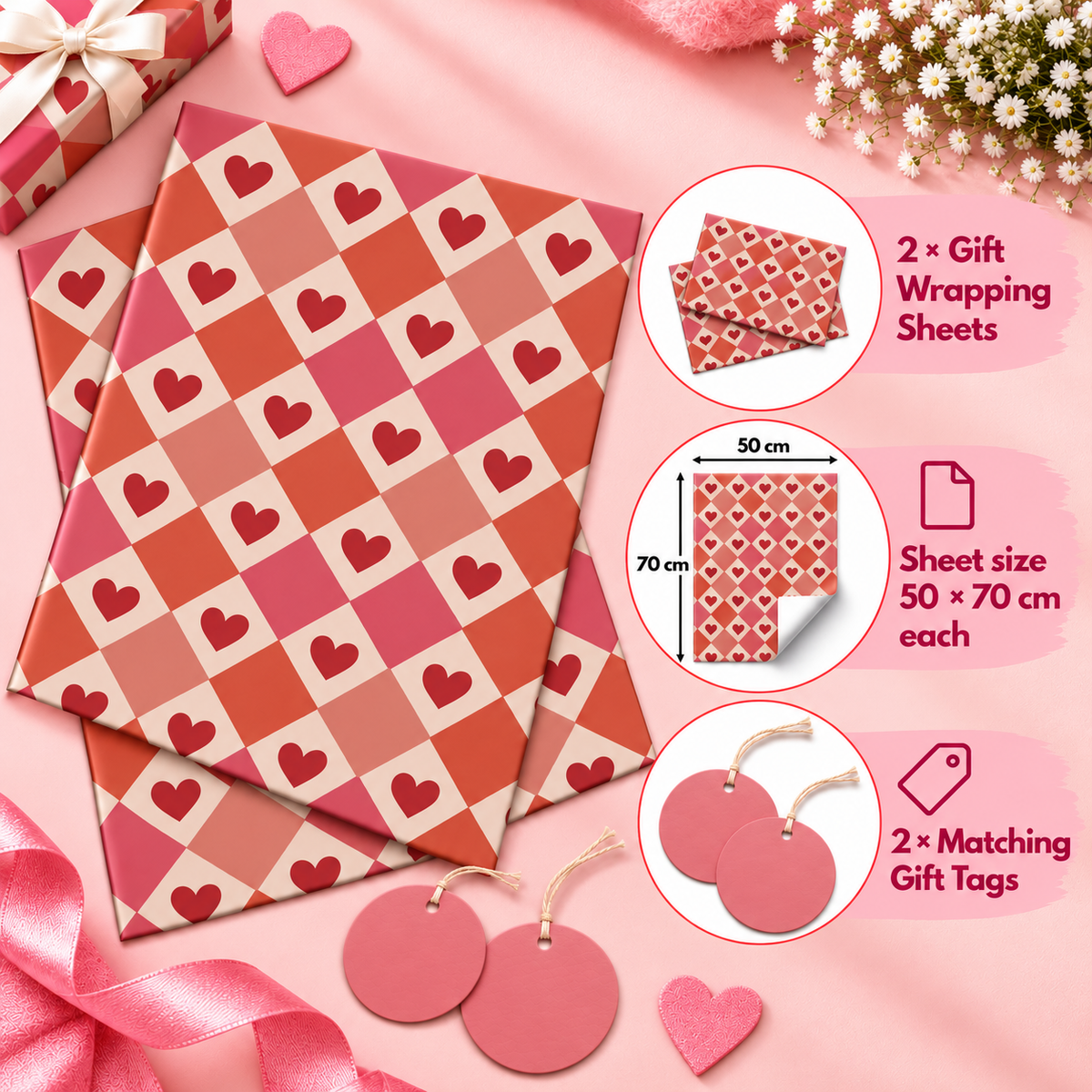 Pack of 2 Valentine Mosaic Design 50 x 70 cm Gift Wrap Sheets with 2 Tags - Valentine’s Mother's Day Birthdays Everyday Celebrations