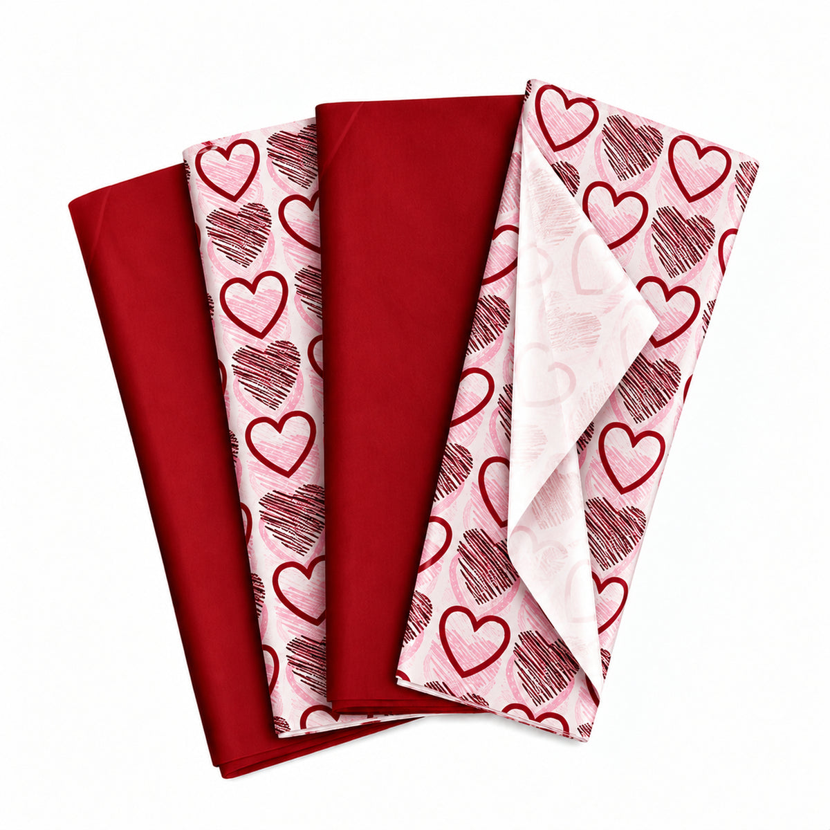 Pack of 8 Valentine Hearts Medley Luxury Red Foil Design & Plain Red 50 x 70 cm Tissue Sheets - Christmas Valentine's Wedding Birthday