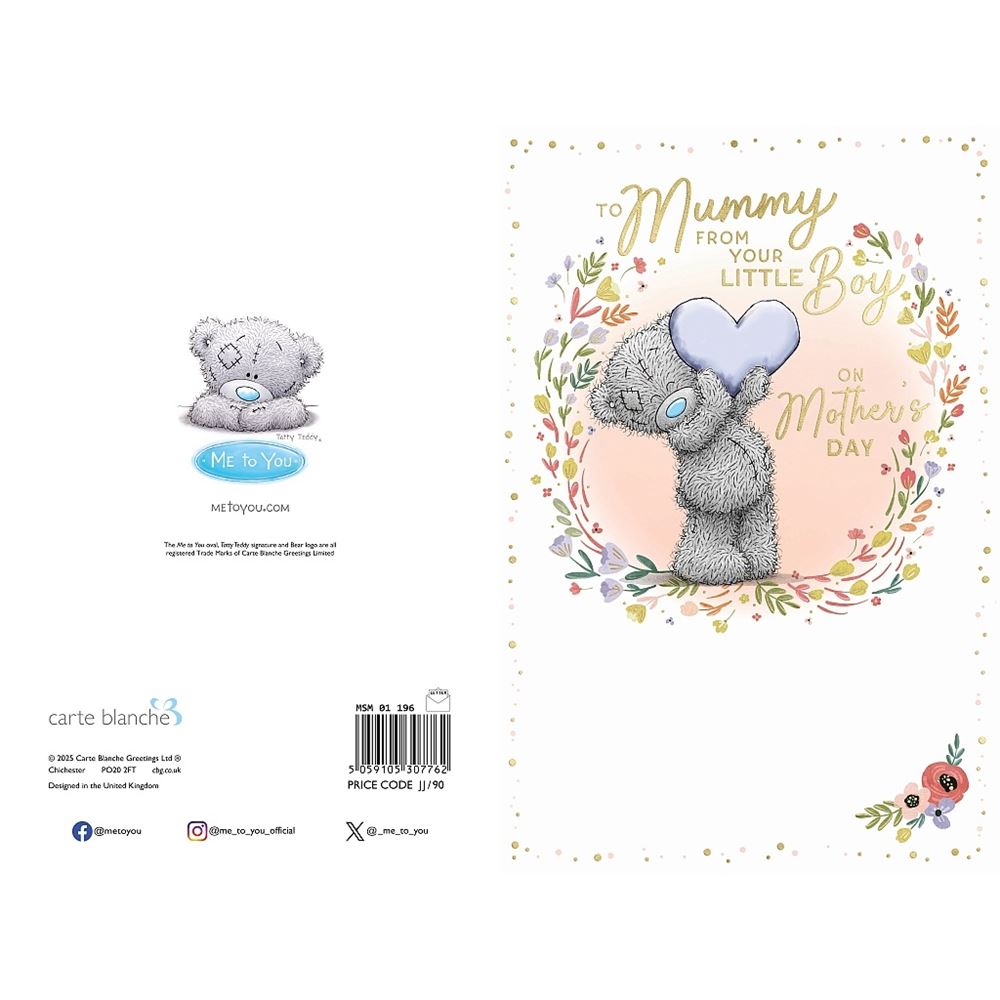 Bear Holding Blue Heart Mummy From Little Boy Mother's Day Card