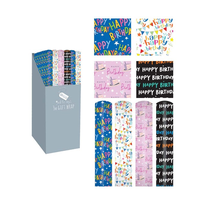 Single 3 Metre Happy Birthday Design Gift Wrap Roll