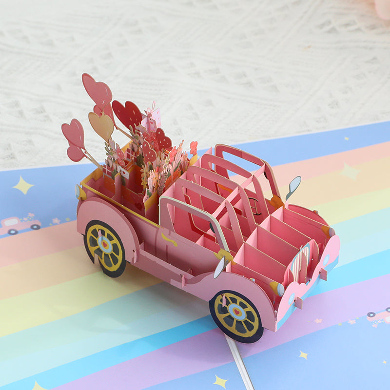 Love Express Pink Car 3D Pop Up Greeting Card - Wedding Valentine's Day Anniversary