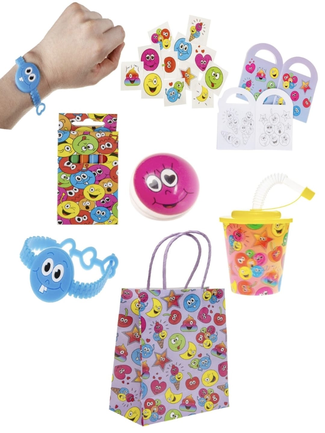 Pack of 10 Pre Filled Emotion Theme Kids Party Favour Bags – Gift Bags with Reusable Cup & Themed Toys