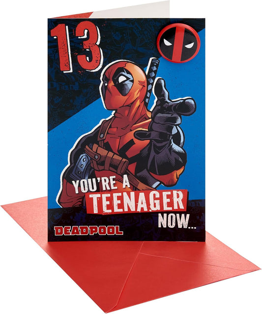 Marvel Deadpool Design 13th Birthday Card with Badge