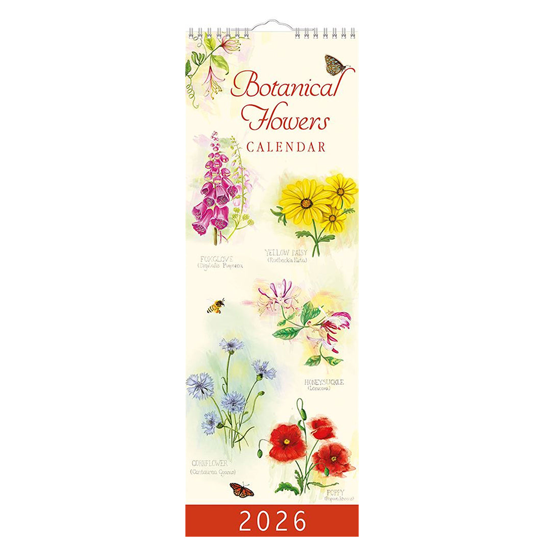Slim Month To View Calendar 2026 – Botanical Flowers – 143mm x 417mm
