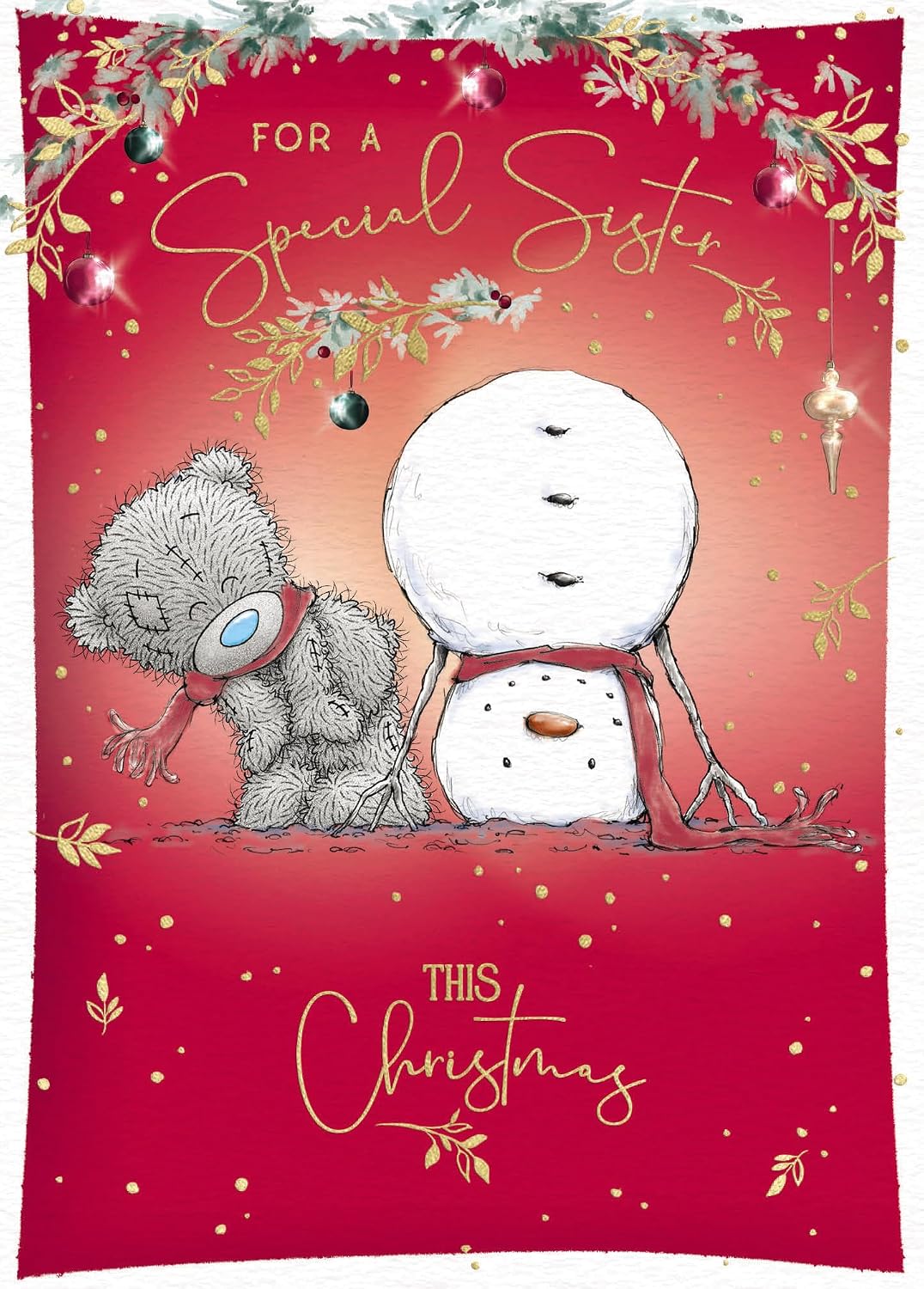 Bear Next To A Snowman Special Sister Christmas Card
