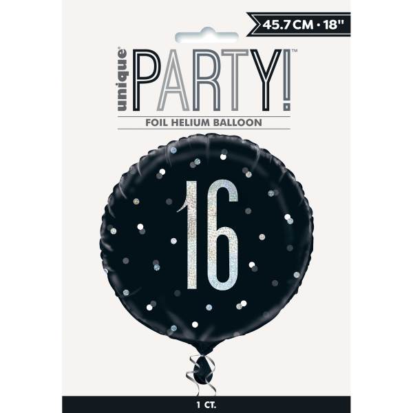Birthday Glitz Black & Silver Number 16 Round Foil Balloon 18"