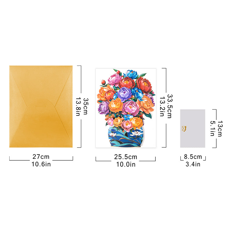 Colorful Grace Peony Bouquet in Blue Vase 3D Pop Up Greeting Card - Birthday Anniversary Mother's Valentine's Day